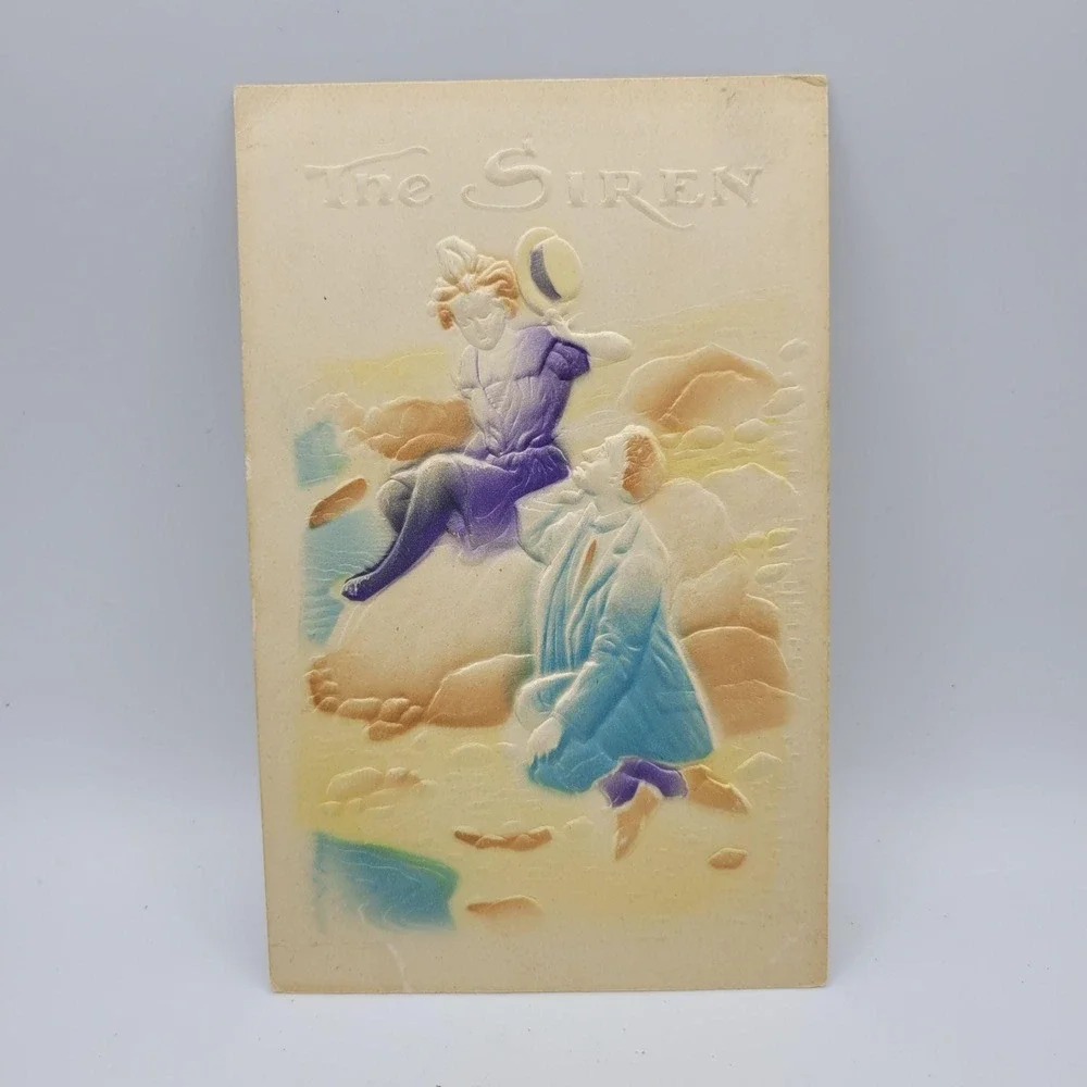 Vintage postcard The Siren Embossed‎ Couple on a Rock Zim Kansas